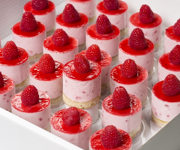 Bavarois dessert framboos met biscuitbodem